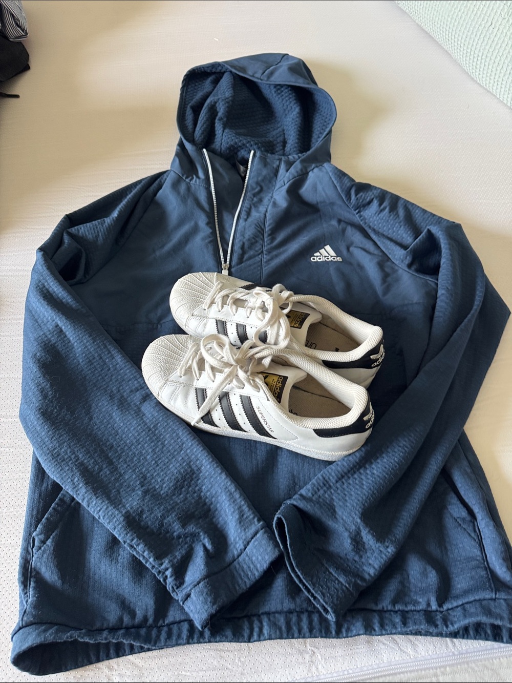 adidas Navy Hooded Jacket with White and Black Superstar Sneakers
